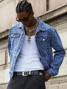 PAVTROS 男士豹纹长袖单排扣休闲牛仔夹克 - 淺色水洗藍 - 查看 3