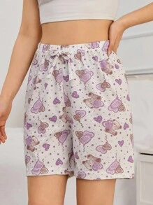 EURMUSE Damen 2 Pack süßer Bären Muster mit Fake-Tunnelzug Detail Homewear Lounge Shorts Set - Verschiedenfarbig - Übersicht 3