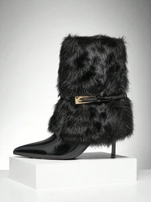 SHUZIA Botas Femininas Glamorosas, Sensuais, Bico Fino, Fivela De Metal, Dobradas, Cano Médio - Preto - Ver 6