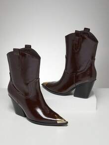 SHUZIA Botines de tacón de bloque con puntera puntiaguda y adornos de mujer - Marrón Chocolate - Ver 2