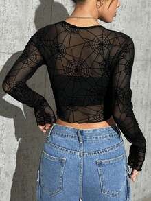 SHEIN EZwear 时尚性感蜘蛛网植绒网眼透视短款女式上衣 - 黑色 - 查看 2