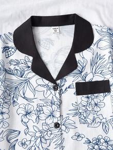 Set de pijama casual de 2 piezas con top de bloques de color y pantalones de corte relajado con estampado floral completo para niñas, primavera/verano