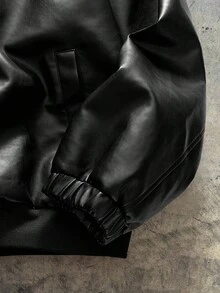 AXEPEAK Plus Size Men's Long Sleeve Casual Fashion Street Hooded PU Leather Jacket With Letter & Star Embroidery, Loose Fit Zip-Up, Autumn, For Fall Winter