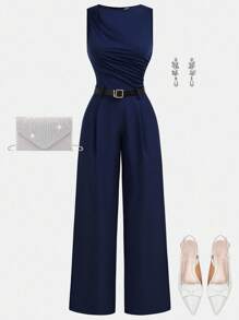 Girlism Teen Girls Bodysuits & Jumpsuits Navy Pleated Wide Leg Loose Jumpsuit With Belt, Casual Style,/Fall,Winter/Y2k,Halloween/Back To School Outfits/First Day Of School Outfit/Halloween,Glowmode,Fall,Winter,Autumn - Navy Blue - View 3