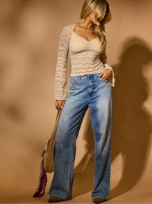 Aralina Fall Winter Western Boho Full Lace Bell Sleeve Ruched Front Cute Going Out Country Concert - Apricot - View 6