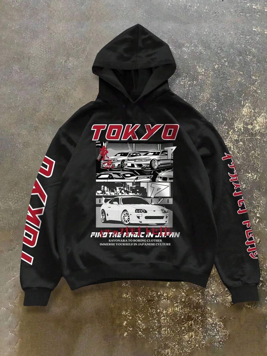 SHEIN Bolty Tween Boy Autumn New Arrival, Casual Minimalist Style, Graffiti Handpainted Vintage Car, Academic Style, English Letter, Sporty Style, Street Style, Y2K Cartoon Pattern Loose Fit Thick Sweatshirt, Suitable For Autumn/Winter Fall - Black - View 1