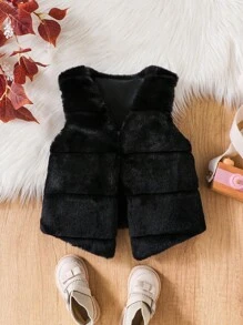 SHEIN Elladie kids 适合年轻女孩的人造毛皮无袖夹克，优雅 - 黑色 - 查看 6