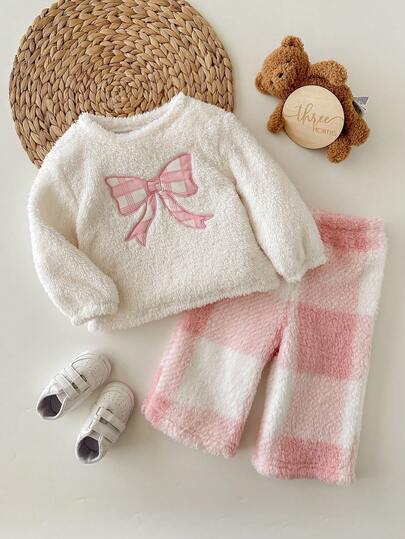 SHEIN Baby Girl Cute Casual Fuzzy Bow Plaid Pattern Pajama Set, Autumn/Winter Fall