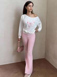 Bộ 2 áo nỉ cho bé gái tuổi teen, thiết kế mới - Áo nỉ chui đầu hở vai màu trắng thêu nơ màu hồng, quần ống loe màu hồng, ôm sát & thường ngày, nơ thêu, quần áo trở lại trường - Nhiều màu - Xem 4