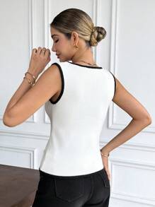 SHEIN Frenchy Chaleco de punto con ribete de contraste casual para mujer en otoño/invierno - Blanco - Ver 8