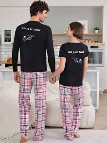 RueChic Valentine's Day Couple Contrast Colour Back Printed Shirt And Plaid Pattern Bottom Homewear Set - Black - View 7