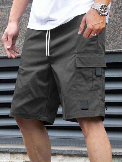 SHEIN Teen Boys' Casual Gray Cargo Pocket Shorts, Sporty Street Punk Rock Preppy Style, Suitable For Spring/Summer Outings, Parties, Music Festivals