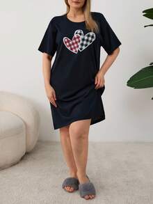 EURMUSE Cotton Plus Size Heart Printed Short Sleeve Sleepshirt - Navy Blue - View 5