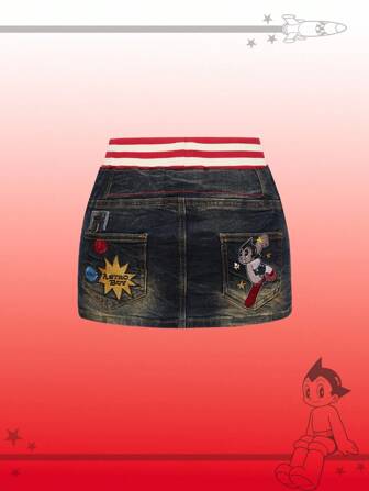 Astro Boy X ROMWE Falda mini de denim vintage desgastada con bloques de color para mujer