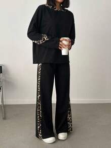 EURMUSE LEOPARD SIDE DETAILED SWEATSHIRT AND PANTS SET - Black - View 5