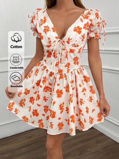 EURMUSE Vacation Casual Floral Allover Print Waist Cinched Dress Women Short Dresses Summer Women Summer Clothing Woman S Summer Clothes Work Summer Dresses Women S Clothes
