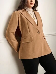 Chikora 大码女式纯色简约日常长袖仿麂皮西装外套，适合秋季、冬季、外出、职场、办公室穿着，商务休闲，适合办公室穿着。 - 駝色 - 查看 6