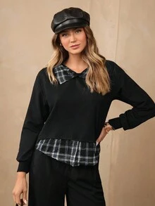 Wildy 对比色格纹印花领口和下摆运动衫、长袖上衣 - 黑色 - 查看 4