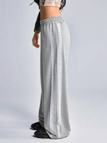SHEIN Cottnline Versatile Lace Trim Loose Fit Sweatpants - Light Grey - View 6
