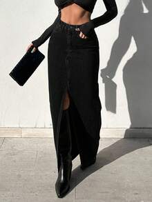 EURMUSE 女性修身款側開叉丹寧裙 - 黑色 - 查看 4