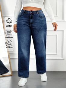 EURMUSE 100%Cotton Plus Size Women's Cat Whisker Design Straight Leg Jeans - Dark Wash - View 1