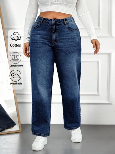 EURMUSE 100%Cotton Plus Size Women's Cat Whisker Design Straight Leg Jeans