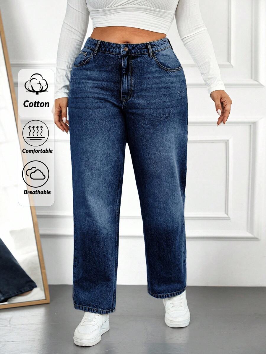EURMUSE 100%Cotton Plus Size Women's Cat Whisker Design Straight Leg Jeans - Dark Wash - View 1