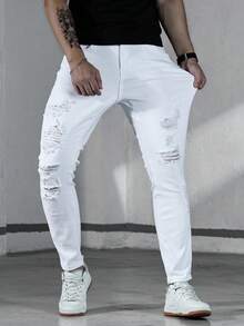 Manfinity Homme Men's Solid Color Skinny Ripped Denim Jeans - White - View 5