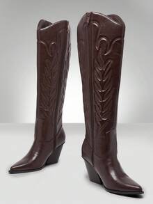 Solezae Women's Glamorous Comfortable Pointed Toe Block Heel Embroidery Knee High Boots - Maroon - View 2