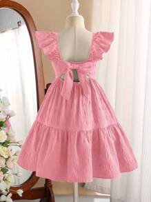 SHEIN Tween Girls' Ruffle Sleeve Bow Back Square Neck Textured Midi Dress - Baby Pink - View 3