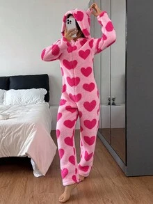 Eraneu Heart Print Hooded Long Sleeve Plush Fluffy Pajama Jumpsuit, Fall Winter, Cozy - Pink - View 3