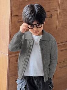 SHEIN Young Boys' Casual Twist Floral Front Zip Knit Cardigan Boys Cardigan Boys Zip Up Sweater Boys Knit Cardigan Boys Sweater Jacket Boys Knit Jacket Fall Winter