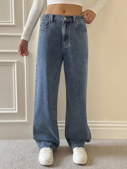 Jeans casuales estilo Y2K para adolescentes, dulces y sencillos, cómodos y elegantes, lavado claro azul, bolsillos y dobladillo con encaje blanco, cintura elástica (la parte superior no está incluida)