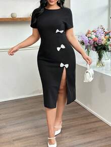 Modelyn Women's Round Neck Short Sleeve 3 Bowknot Fitted Bodycon Elegant Commuter Plus Size Dress - Black - View 5