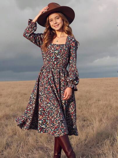 Emery Rose Kids Emery Rose Kids 青少年女童连衣裙长袖碎花长袖连衣裙，适合度假、郊游和聚会，适合秋冬季穿着。