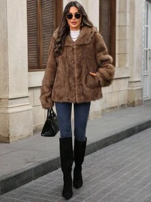 EMERY ROSE Women's Solid Color Long Sleeve Open Front Loose Faux Fur Jacket Winter Coats For Women Winter Clothes For Women Going Out,Fall