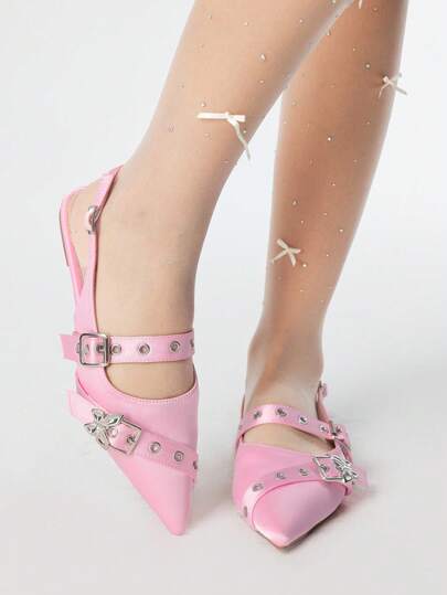 Kawaii Zapatos planos de satén con punta afilada en color rosa, diseño de moda elegante gótico, adecuados para fiestas, uso diario y atuendo de noche, Halloween