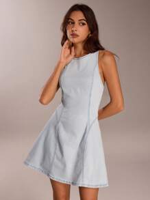 SHEIN Forever 21 夏季新款女士圆领无袖A字休闲牛仔连衣裙 - 淺藍色 - 查看 3
