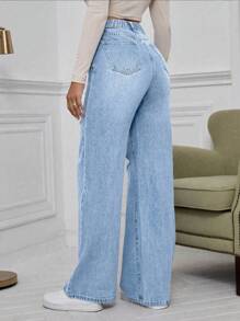 EMERY ROSE 大码女式无弹力做旧水洗宽松阔腿牛仔裤，浅蓝色优雅款 - 淺色水洗藍 - 查看 2