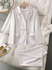 SHEIN Clasi Conjunto de traje elegante de pierna ancha de alta gama para mujer de talla grande, blazer de manga larga y pantalones, versátil y de moda para el uso diario - Beis - Ver 1