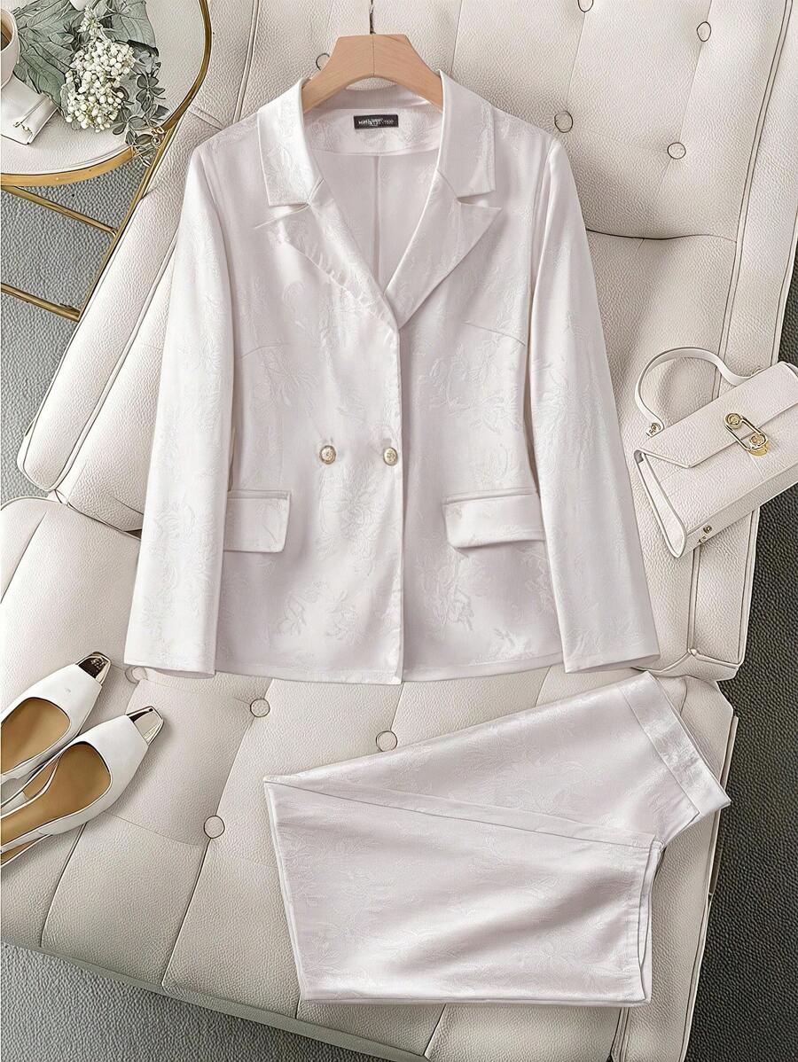 SHEIN Clasi Conjunto de traje elegante de pierna ancha de alta gama para mujer de talla grande, blazer de manga larga y pantalones, versátil y de moda para el uso diario - Beis - Ver 1