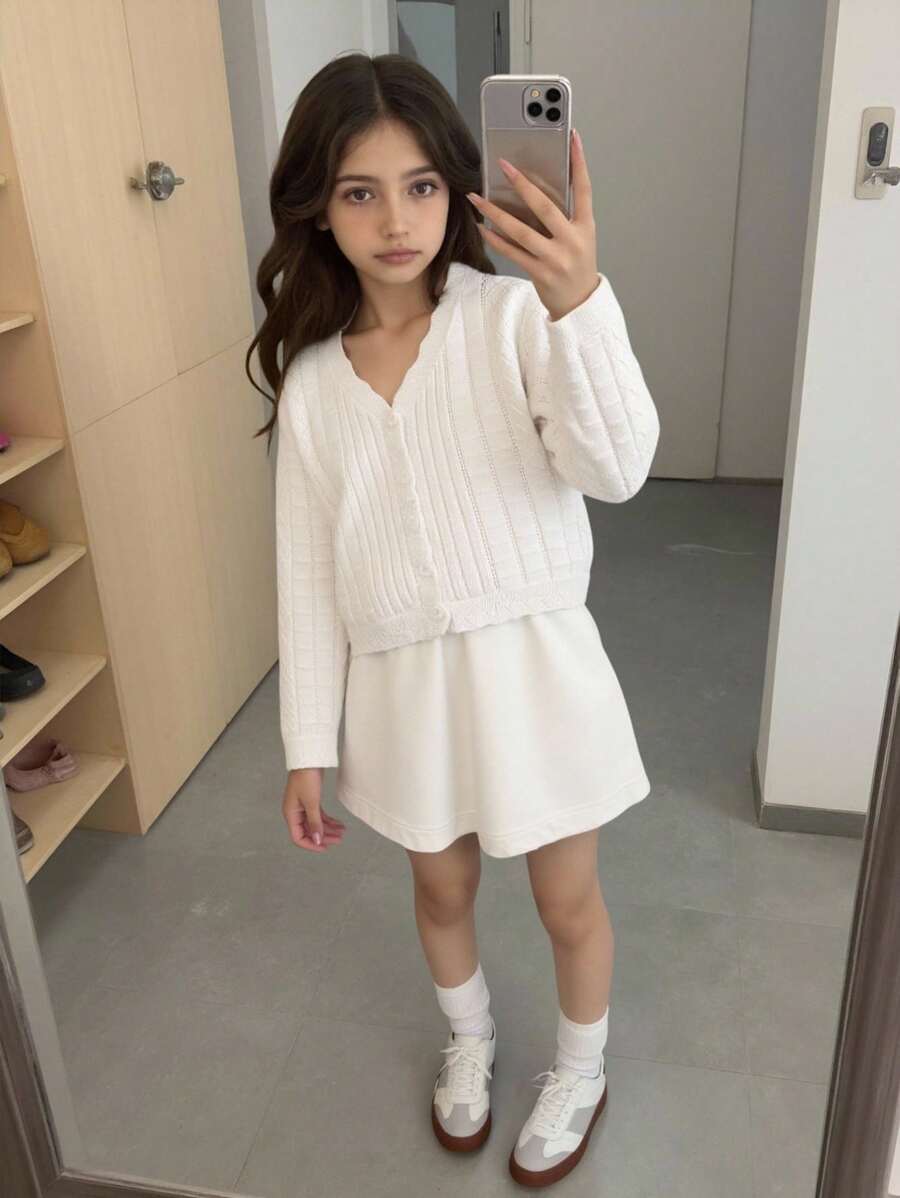 SHEIN كارديجان أبيض مثقوب خفيف الوزن مناسب للفتيات المراهقات، مناسب لمشاهد العطلات والمنزل، مناسب للأطفال للعب والارتداء في العودة للمدرسة - أبيض - مشاهدة 1