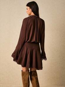 Poéselle 女式度假休闲纯色喇叭袖短款连衣裙 - 棕色 - 查看 5