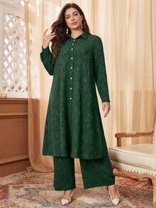 Al Najma Set casual de 2 piezas con botones de contraste y textura jacquard en talla grande - Verde - Ver 3