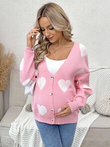 SHEIN Maternity Autumn/Winter Cardigan Sweater Jacket, Contrast Heart Casual Knit Cardigan - Pink - View 4