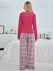 EURMUSE Cotton Plus 2Pcs Long Sleeve Shirt And Plaid Printed Long Pants Lounge Set - Pink - View 2