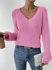 EMERY ROSE Women's Solid Color Minimalist Everyday Knit Long Sleeve Sweater Fall Winter Cloth For Women - Pink - View 3