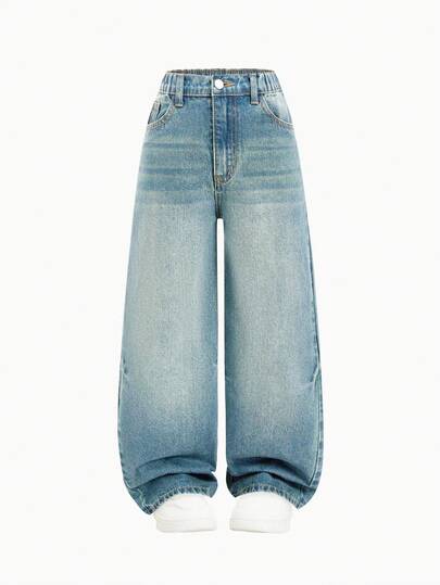 SHEIN Explorewe 2025 Spring/Summer New Loose Straight Leg Vintage Y2K Washed Comfortable Casual Jeans For Tween Girls Fall Winter