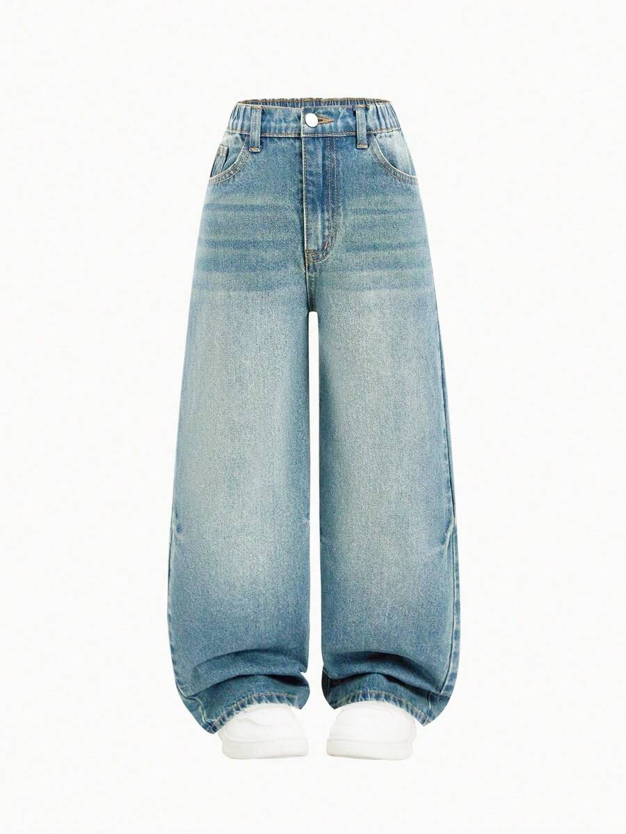 Explorewe 2025 Spring/Summer New Loose Straight Leg Vintage Y2K Washed Comfortable Casual Jeans For Tween Girls Fall Winter - Medium Wash - View 1