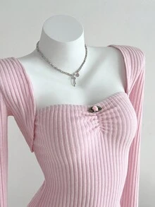 2pcs Women's Autumn/Winter Fashion Outerwear Soft Brushed Ribbed Fabric Long Sleeve Top And Ruched Waist Mini Dress Set, Suitable For Outing And Party Fall Cloth For Women - Pink - View 6
